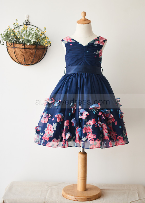 Navy Blue Printed Floral Chiffon Wedding Flower Girl Dress 